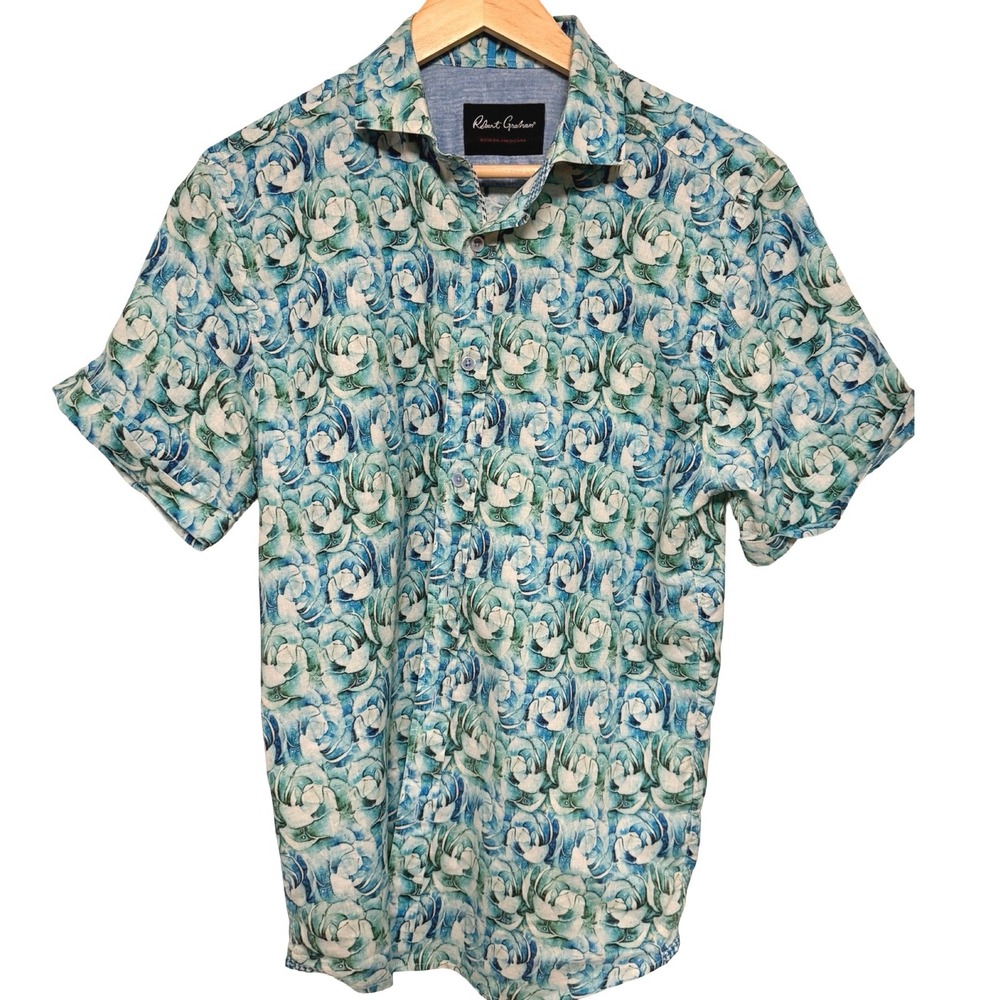 Robert Graham Shirt Mens Medium Blue Floral Linen Sorona Fabric Coastal Preppy
